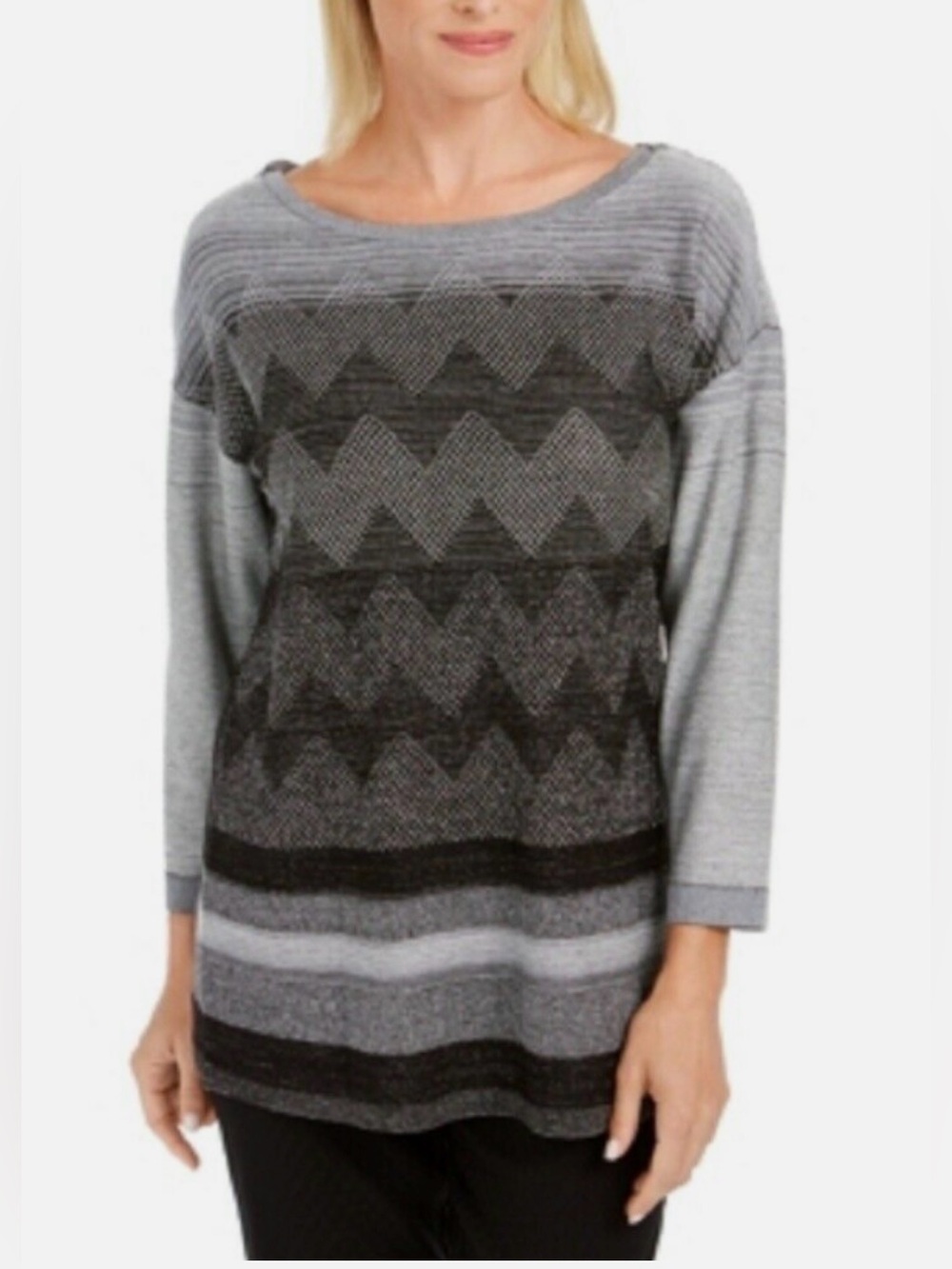 White House Black Market Gray & Black Zigzag Knit Tunic - Large B8
